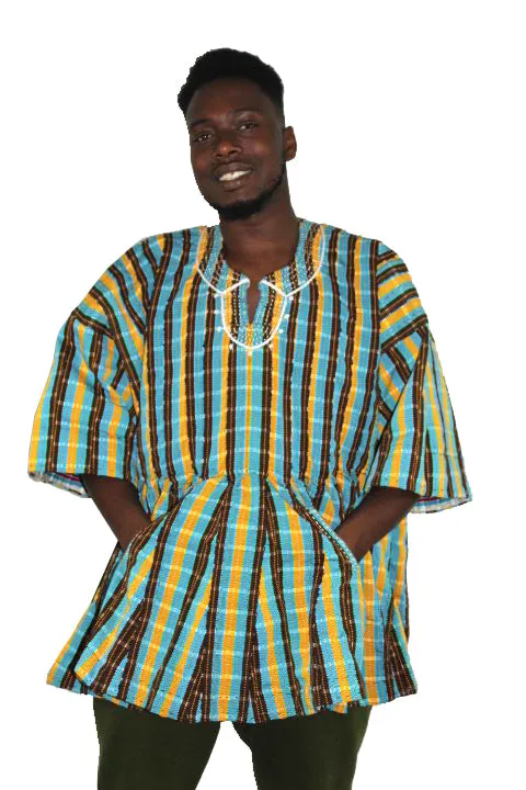 African Batakari / Fugu - Turquoise w/Black, Gold & White