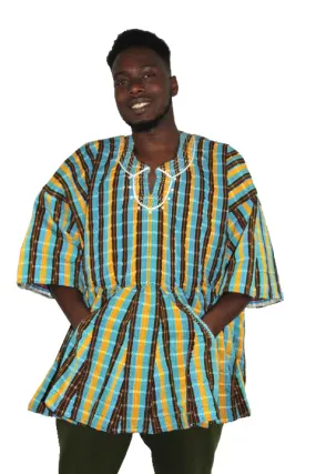 African Batakari / Fugu - Turquoise w/Black, Gold & White