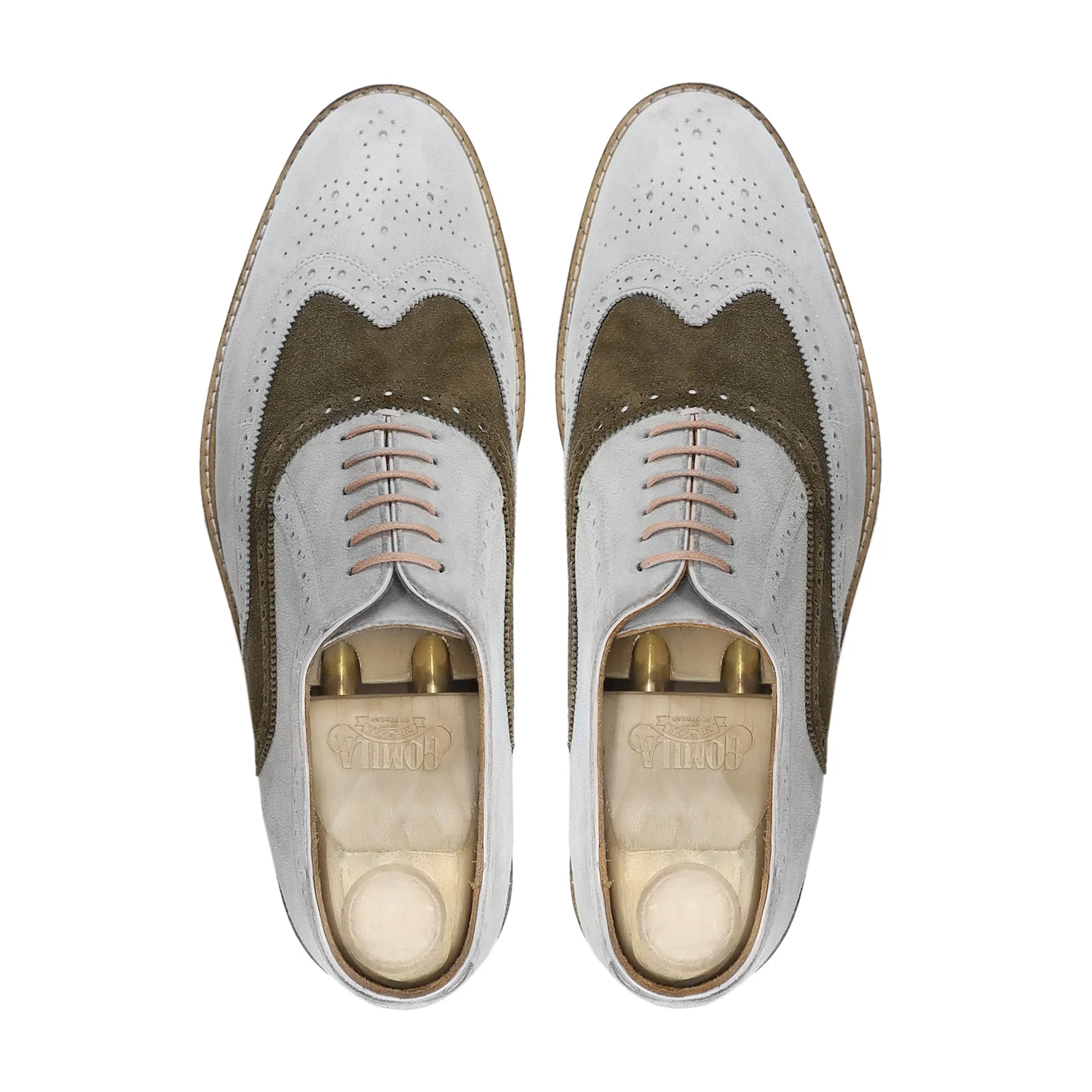 Anson - Men's White and Khaki Green Kid Suede Oxford Shoe
