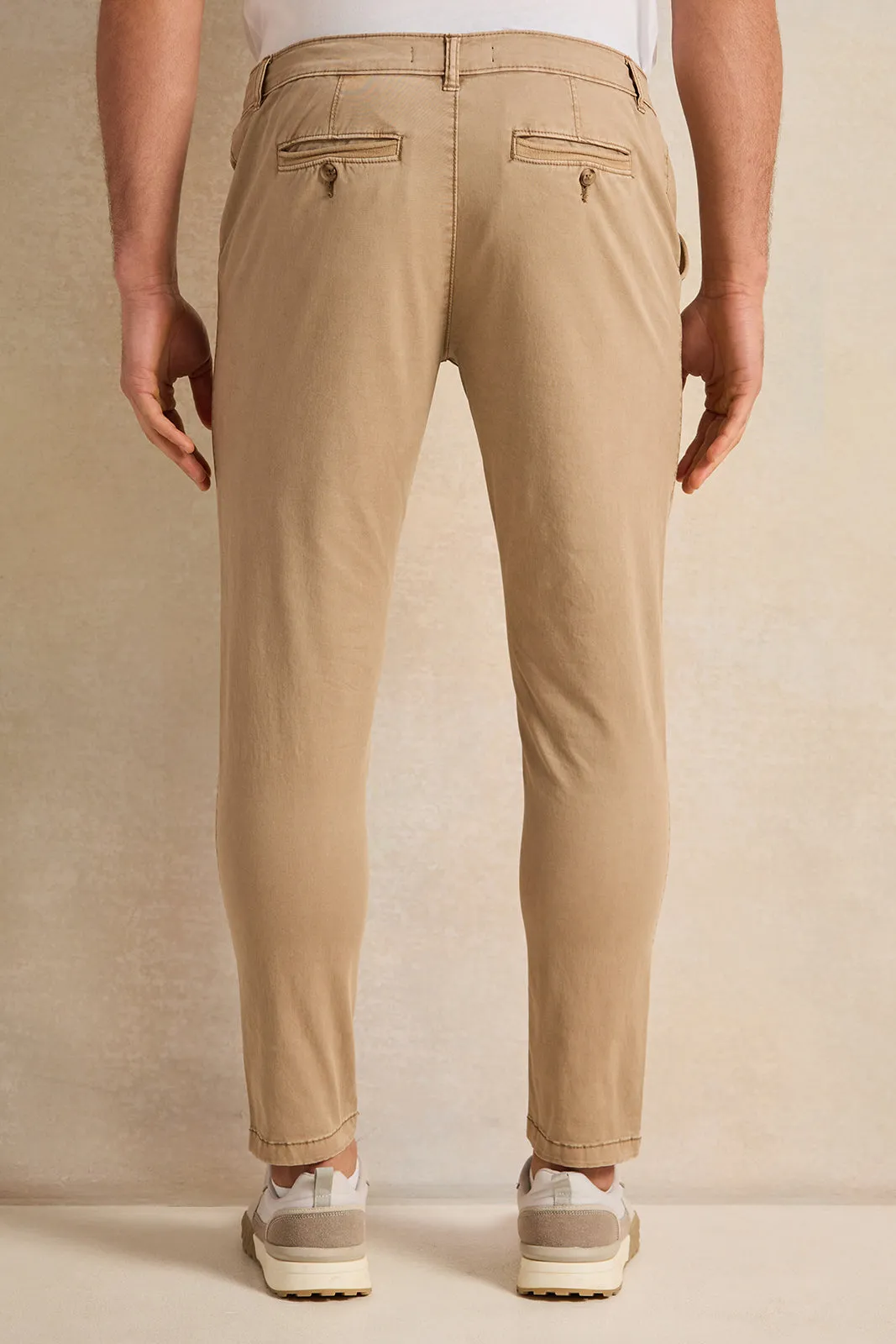 Beige Slim Fit Grament Dyed Chino Trousers