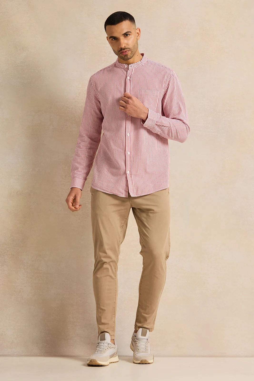 Beige Slim Fit Grament Dyed Chino Trousers
