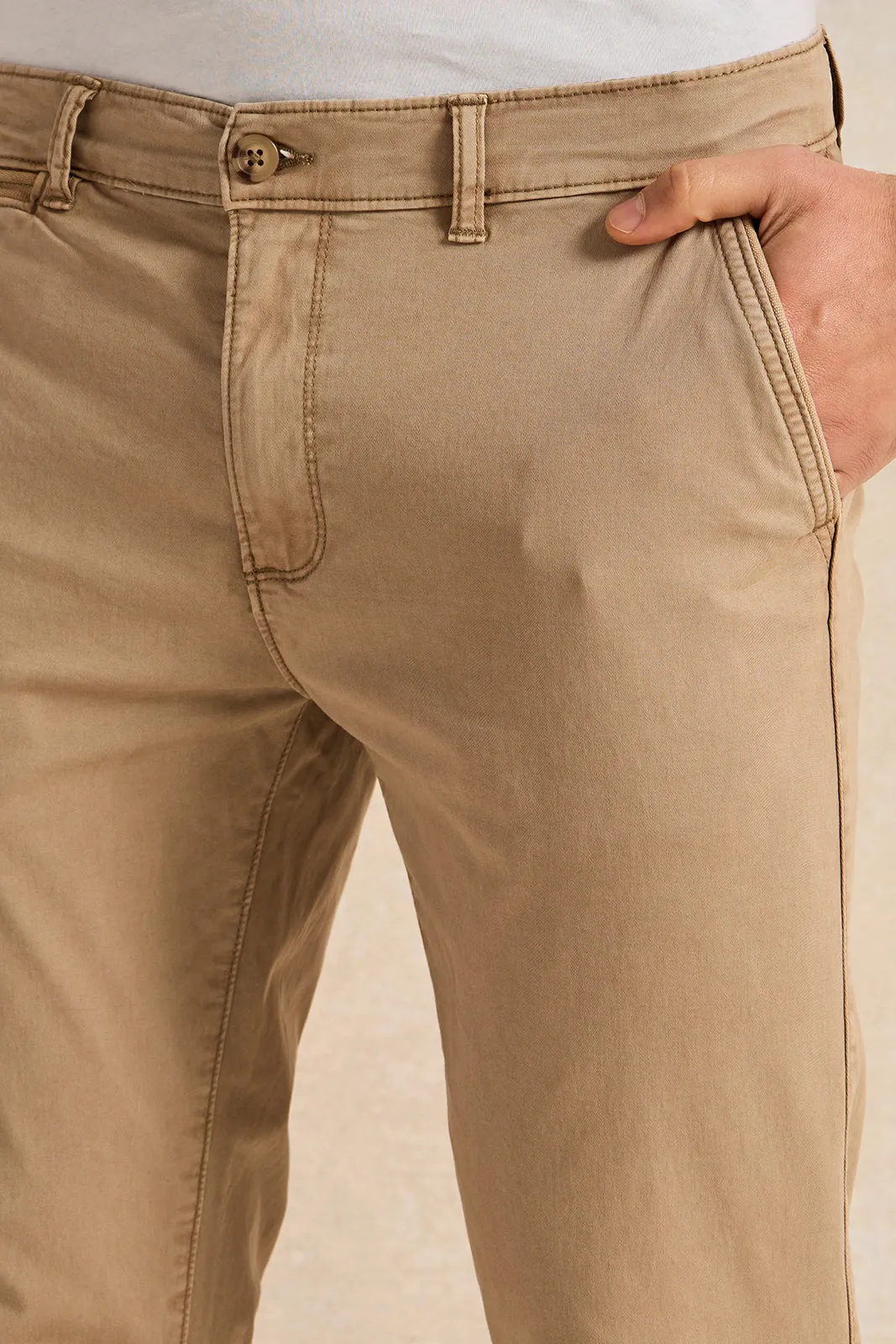 Beige Slim Fit Grament Dyed Chino Trousers