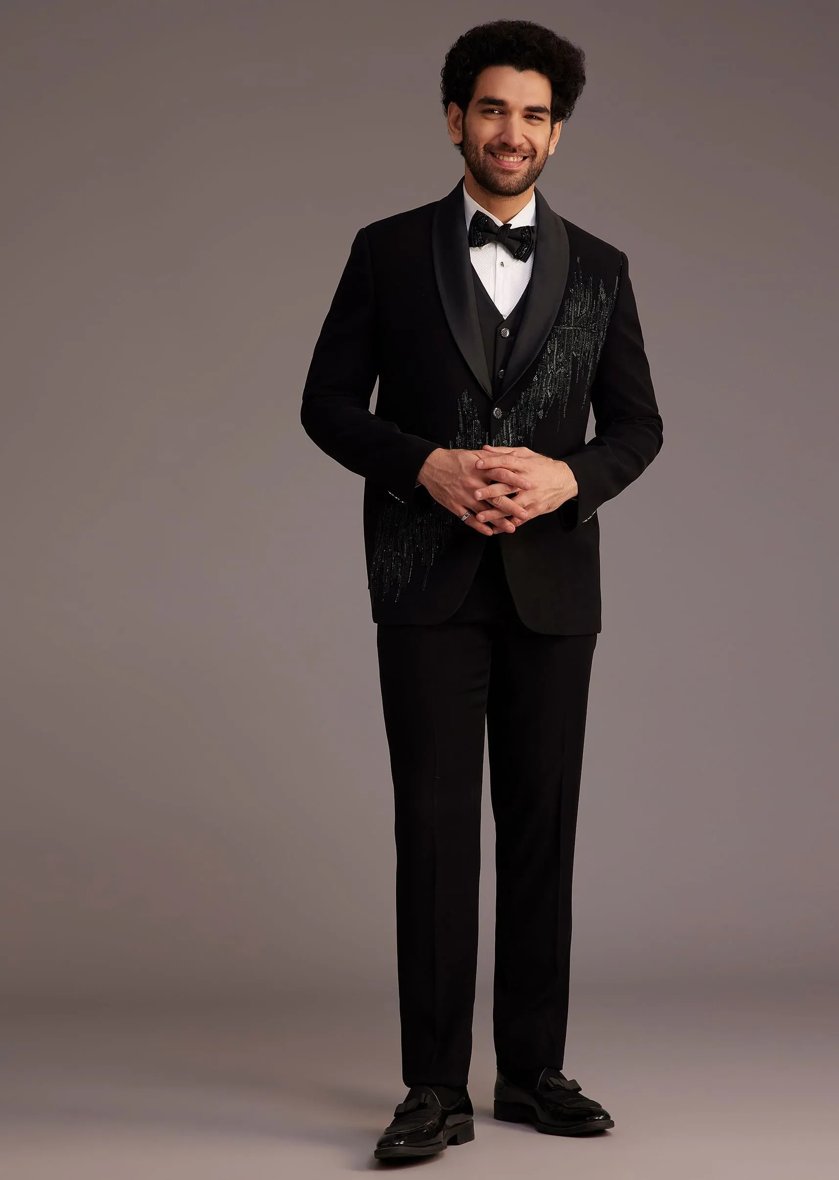 Black Tuxedo With Beaded Embellishments And Satin Lapel
