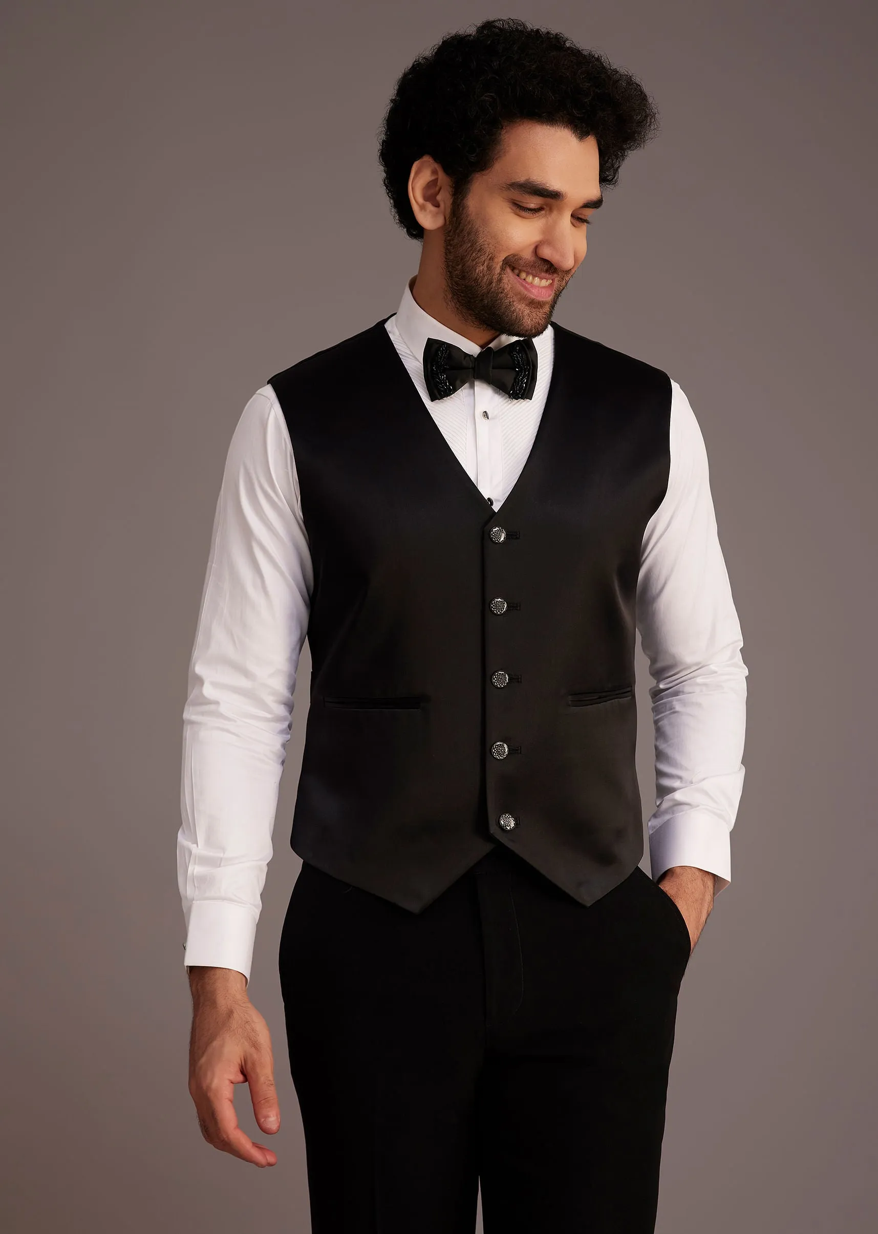 Black Tuxedo With Beaded Embellishments And Satin Lapel