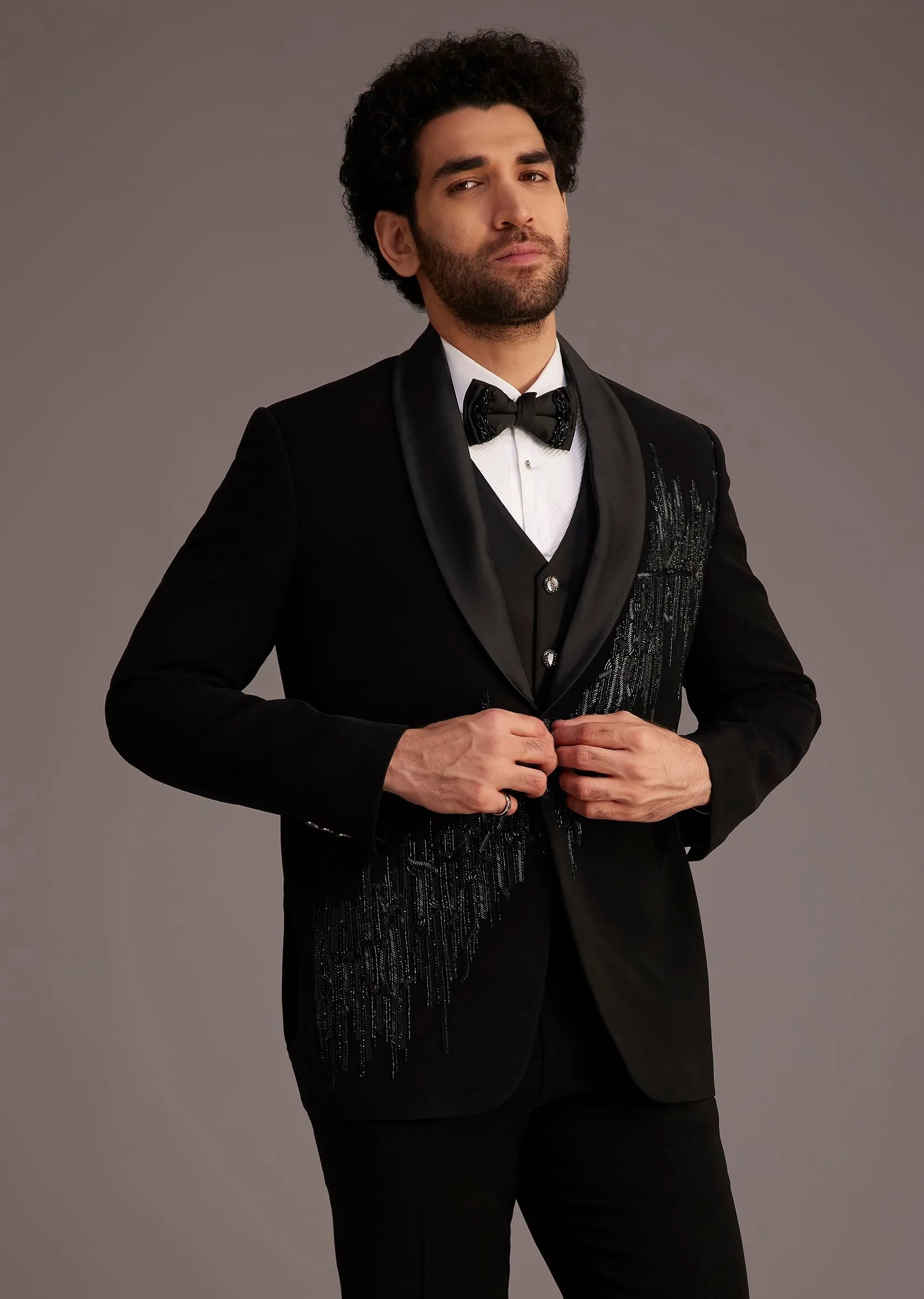 Black Tuxedo With Beaded Embellishments And Satin Lapel