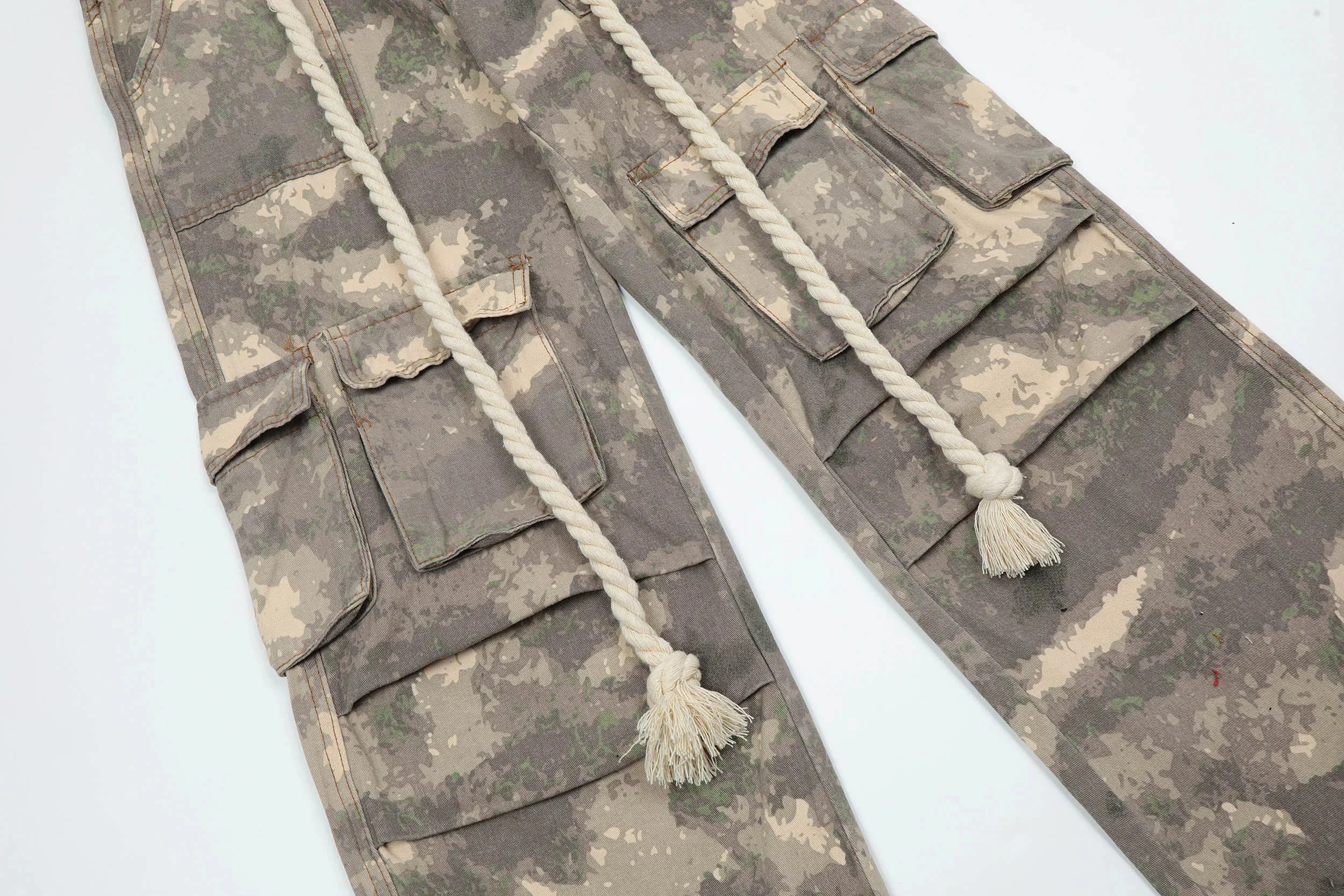 Camo Cargo Pants with Braided Hemp Rope Belt