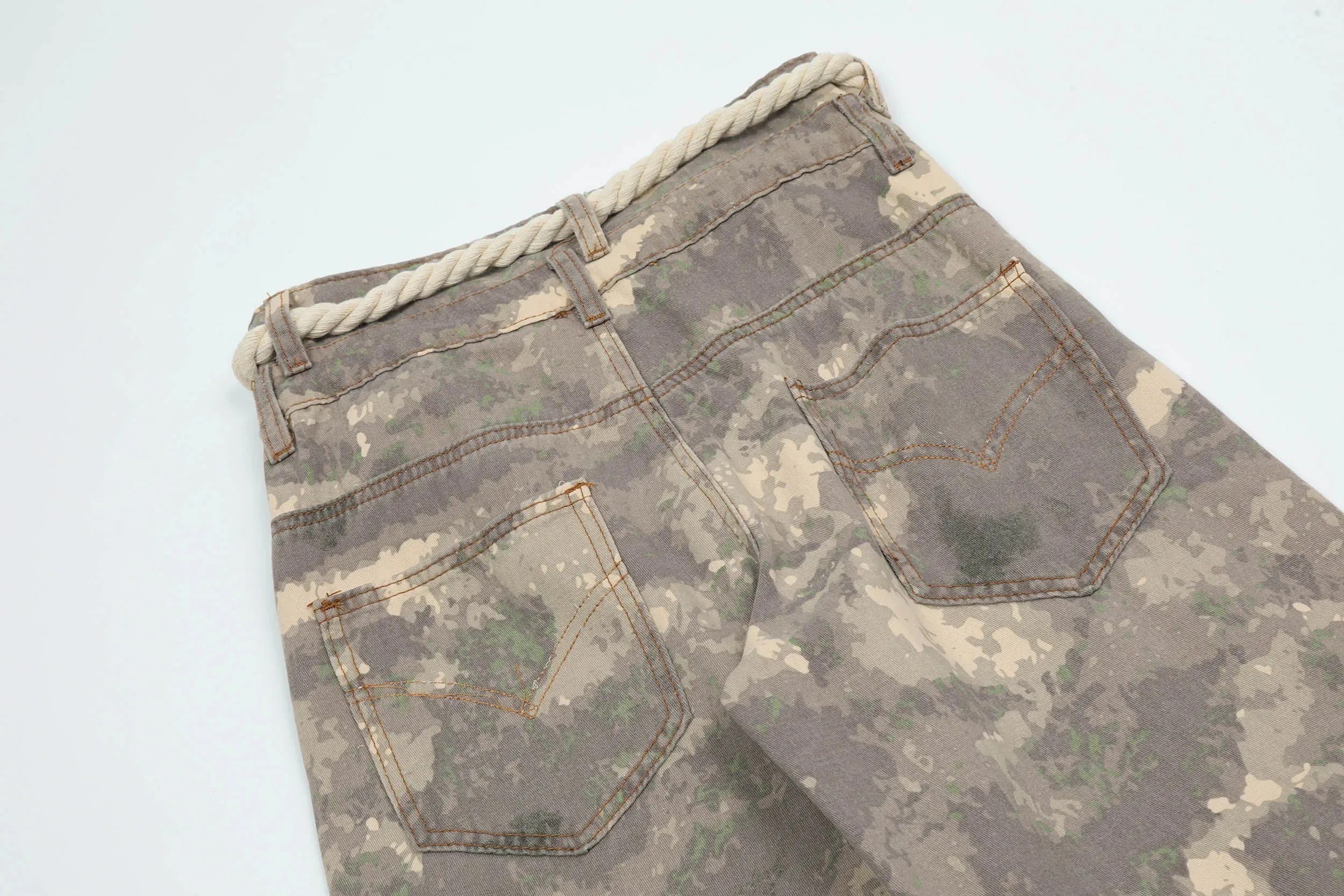 Camo Cargo Pants with Braided Hemp Rope Belt