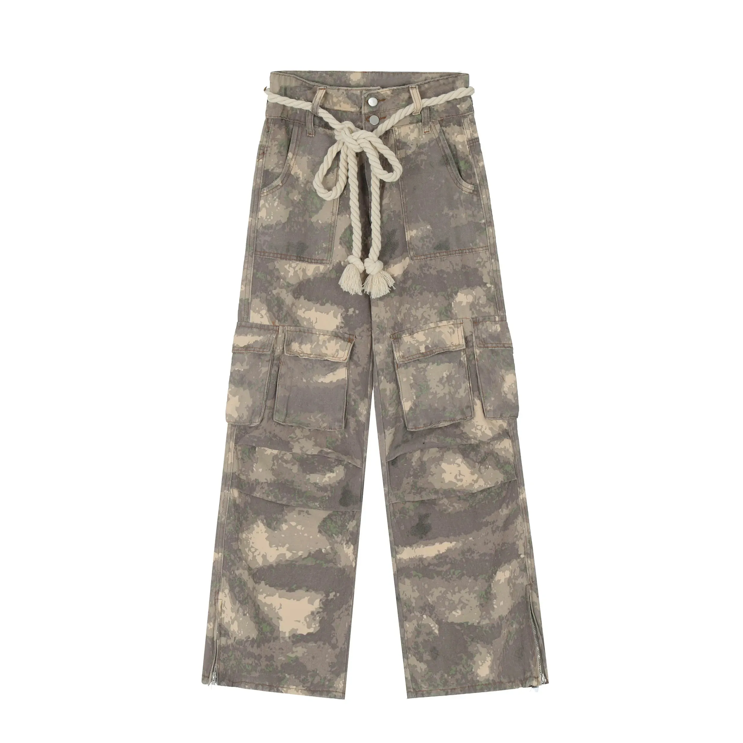 Camo Cargo Pants with Braided Hemp Rope Belt