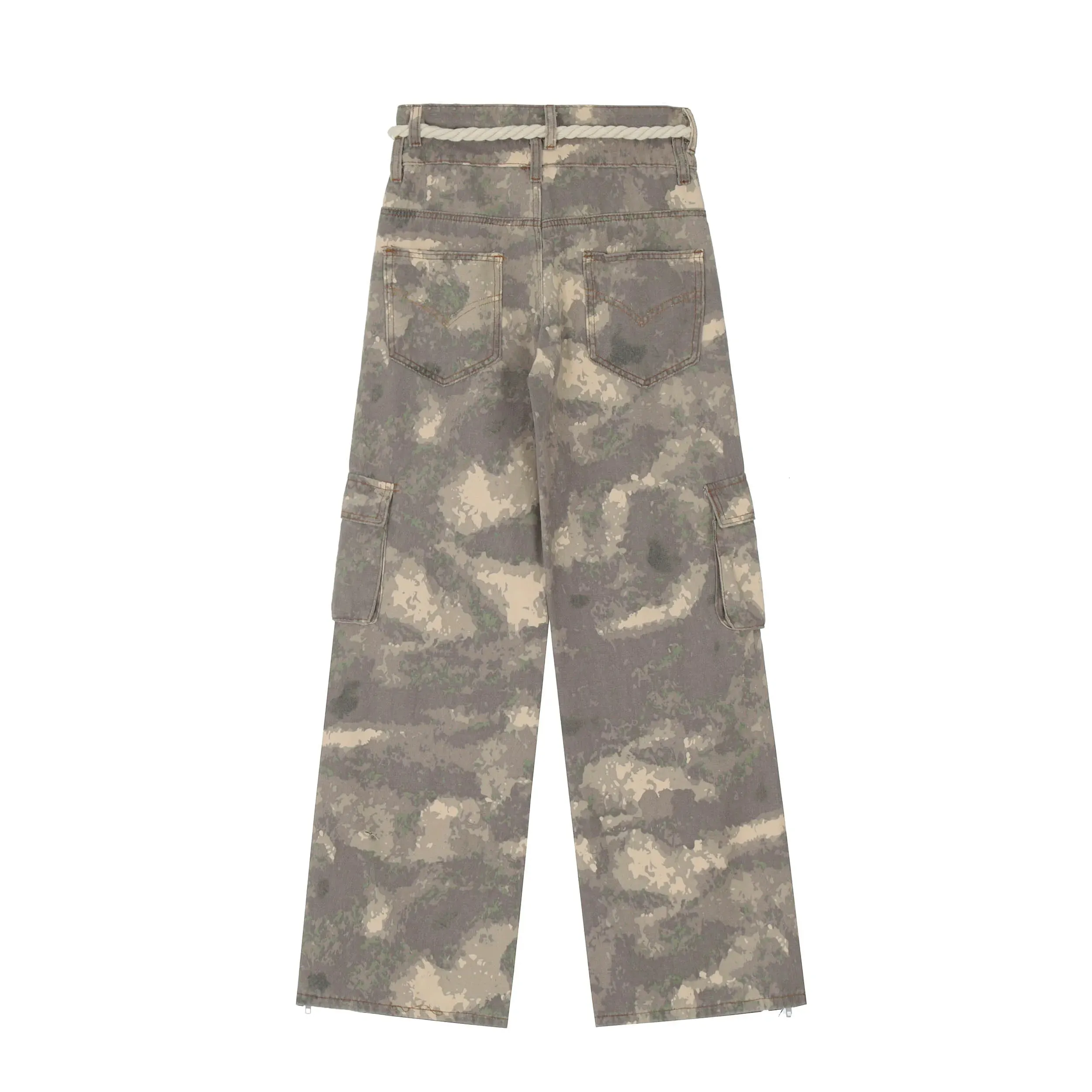Camo Cargo Pants with Braided Hemp Rope Belt