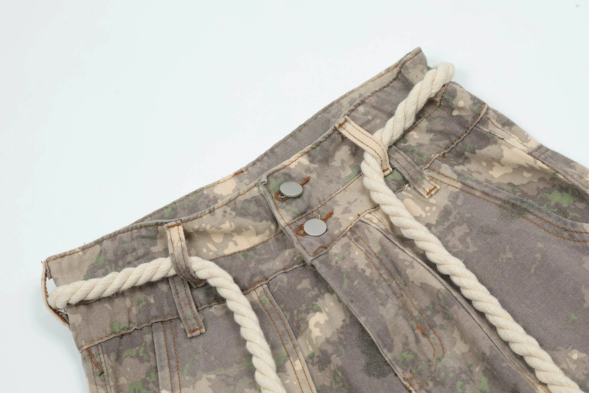 Camo Cargo Pants with Braided Hemp Rope Belt