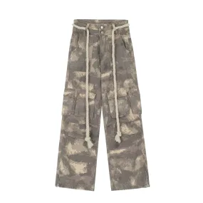 Camo Cargo Pants with Braided Hemp Rope Belt