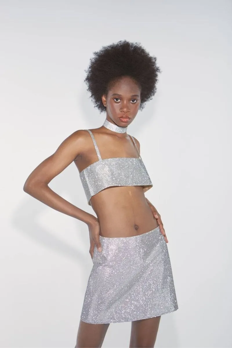 CHARLOTTE SILVER CRYSTAL-EMBELLISHED CROP TOP