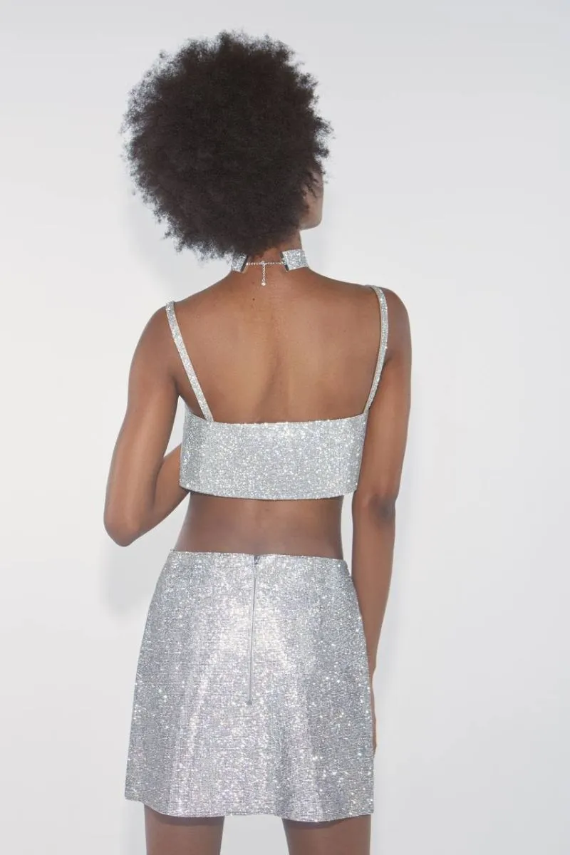CHARLOTTE SILVER CRYSTAL-EMBELLISHED CROP TOP