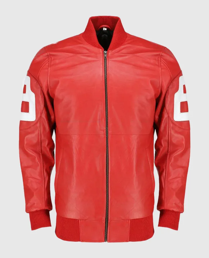 Dizller 8 Ball Pool Red Letterman Bomber Leather Jacket