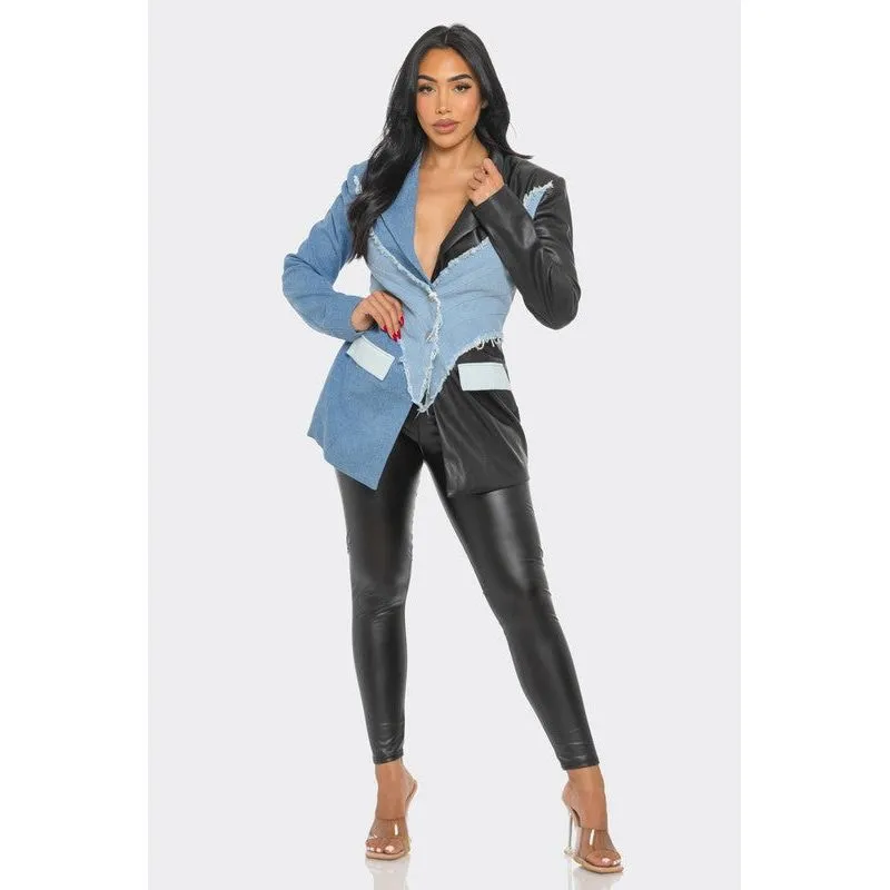 Edgy Denim and Leather Patchwork Blazer