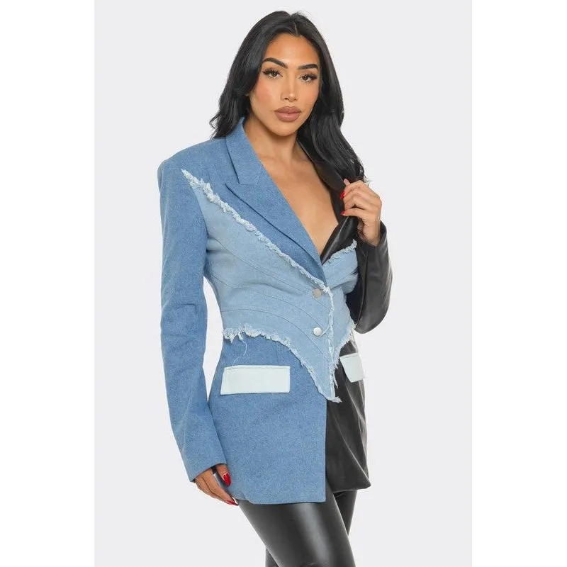 Edgy Denim and Leather Patchwork Blazer