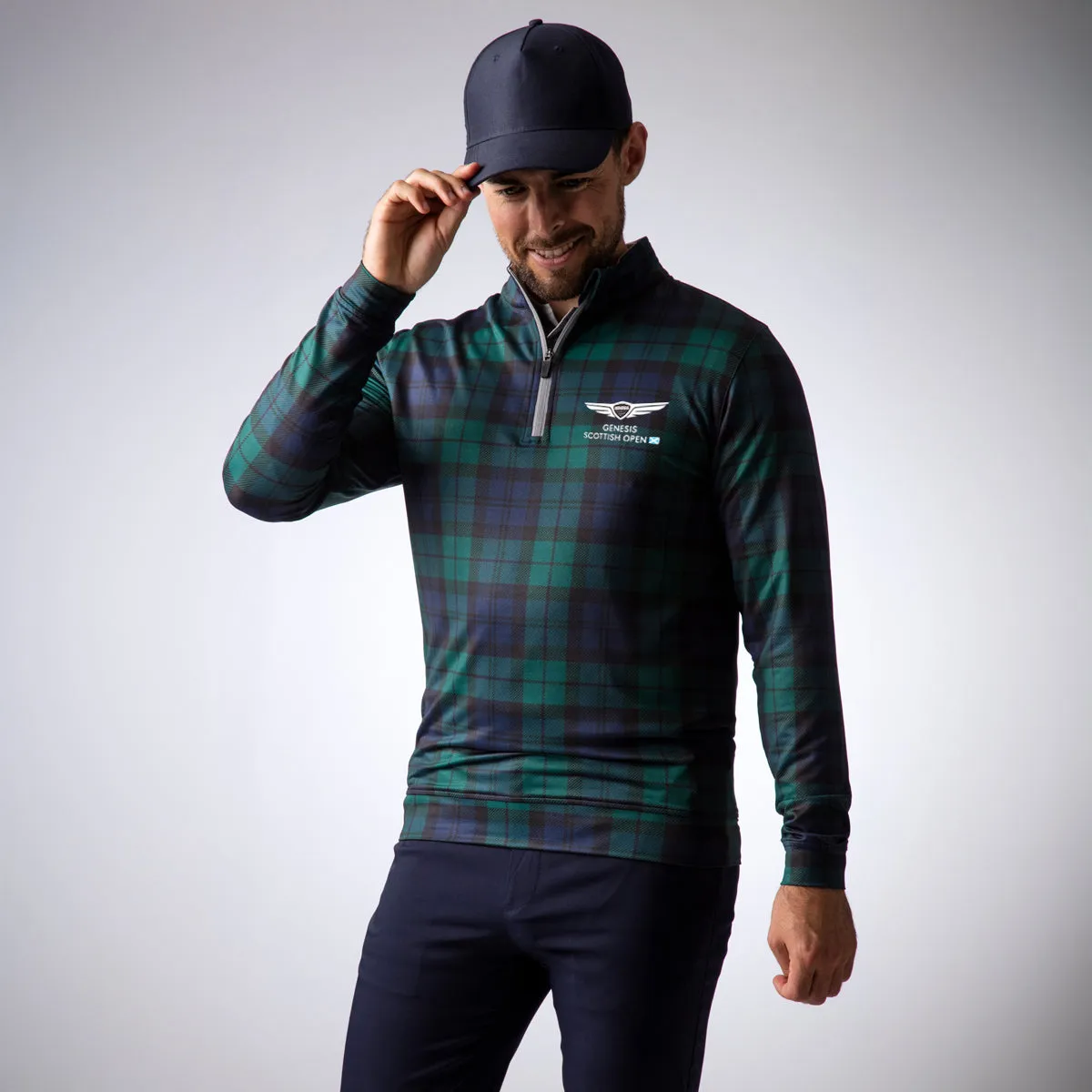 Genesis Scottish Open Glenmuir Men's Green Tartan 1/4 Zip Mid Layer