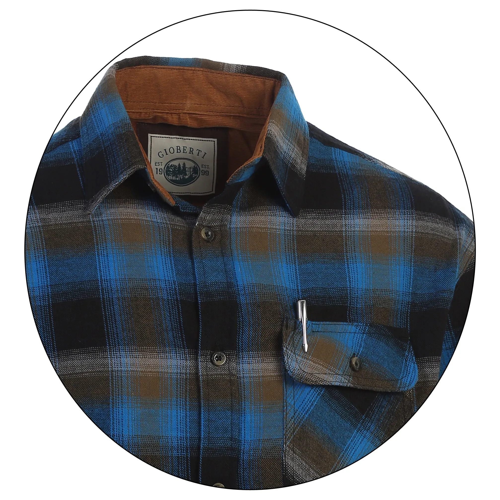 Gioberti Men's Night Blue 100% Cotton Brushed Flannel Plaid Checkered Shirt with Corduroy Contrast