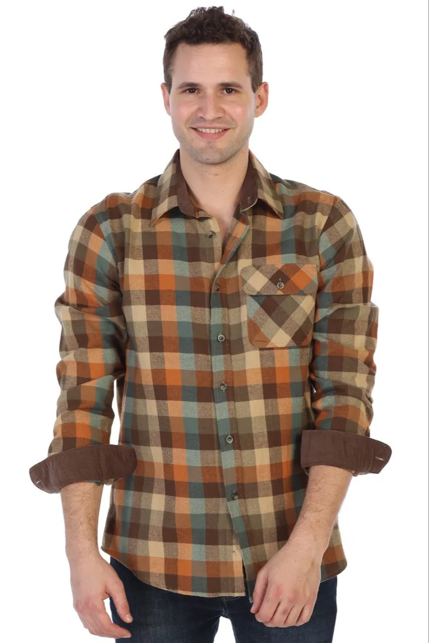 Gioberti Men's Orange / Khaki / Teal 100% Cotton Brushed Flannel Plaid Checkered Shirt with Corduroy Contrast