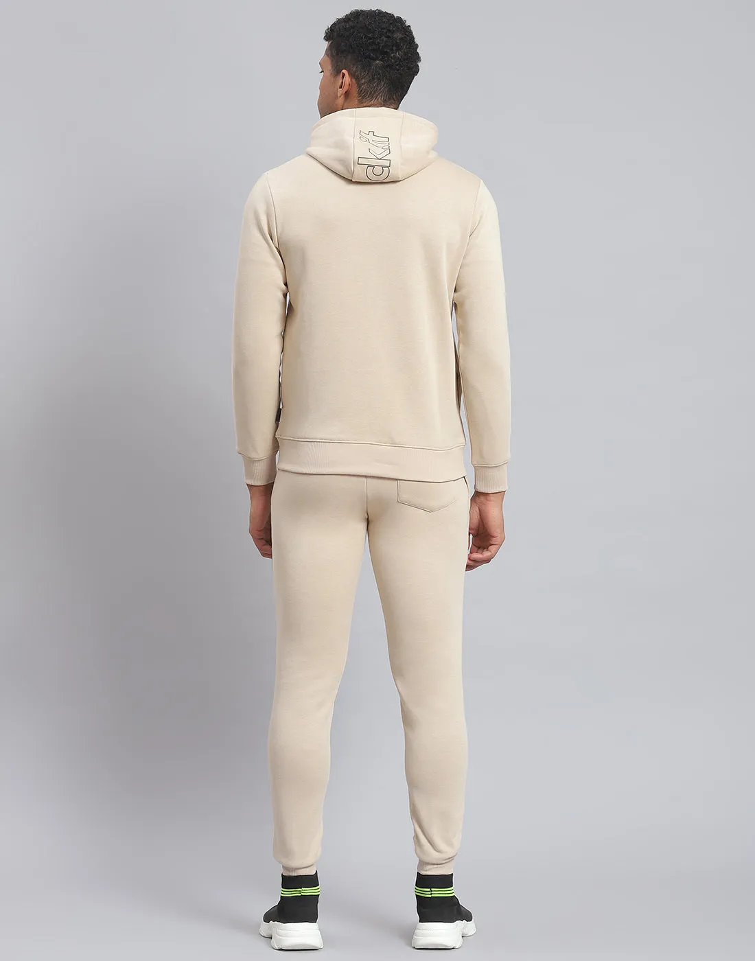 Men Beige Solid Hooded Full Sleeve Tracksuit