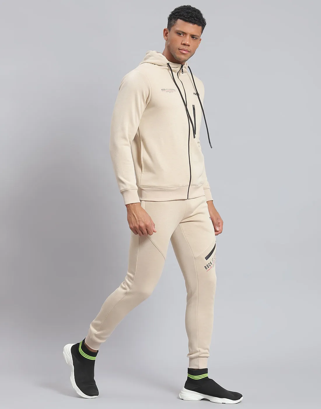 Men Beige Solid Hooded Full Sleeve Tracksuit