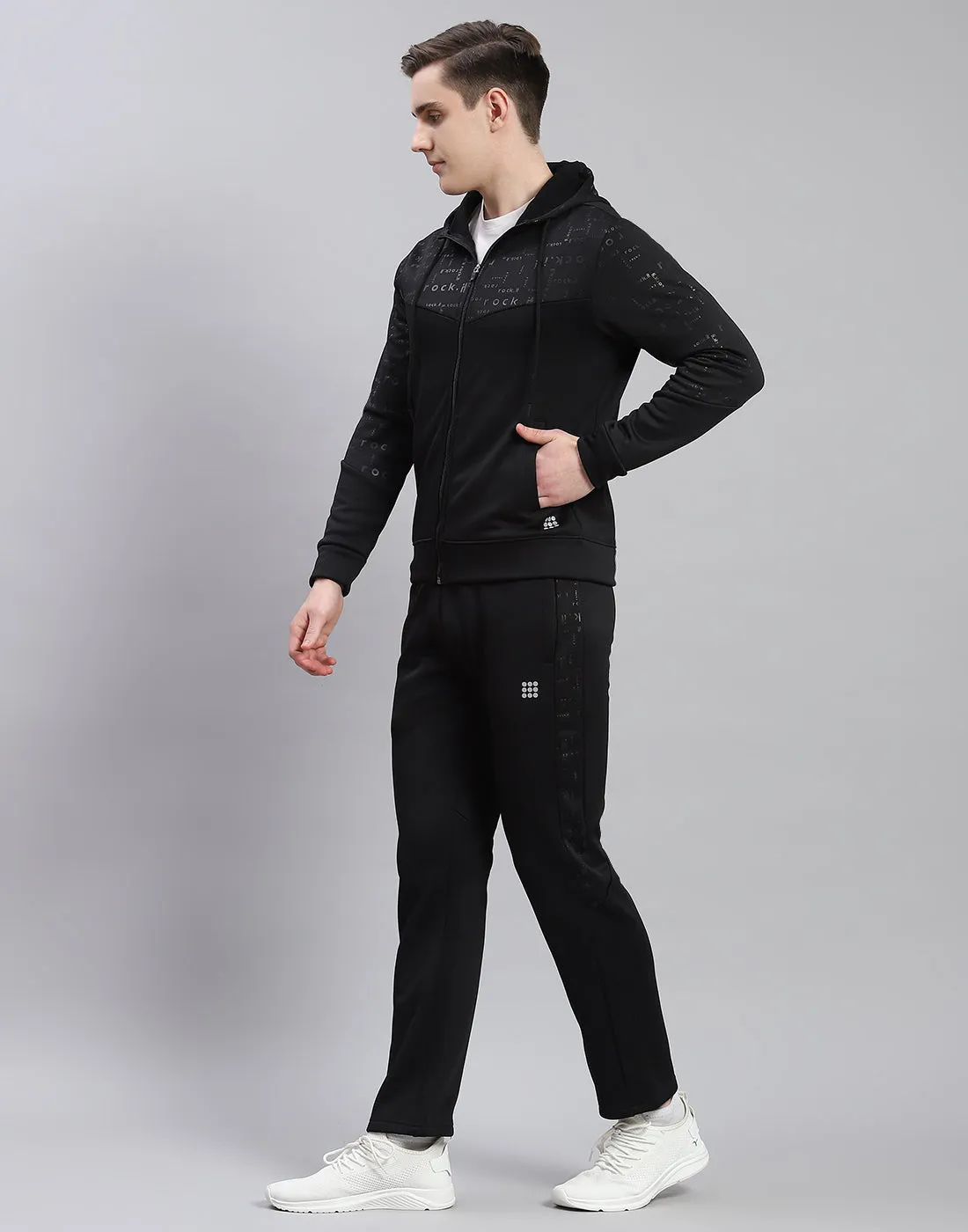 Men Black Printed Hooded Full Sleeve Tracksuit