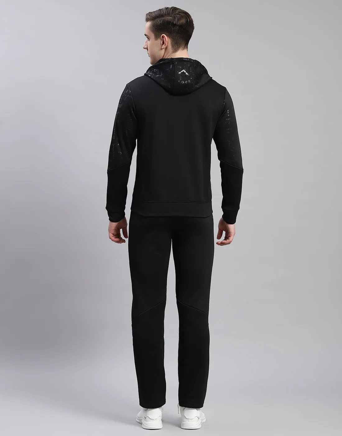 Men Black Printed Hooded Full Sleeve Tracksuit