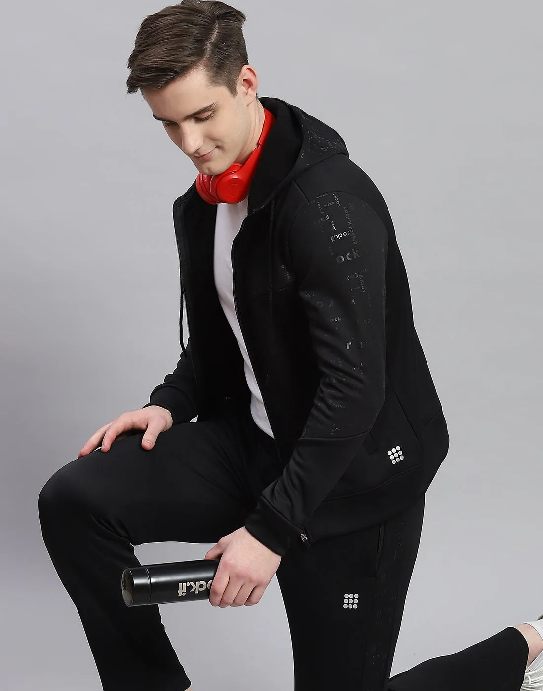 Men Black Printed Hooded Full Sleeve Tracksuit