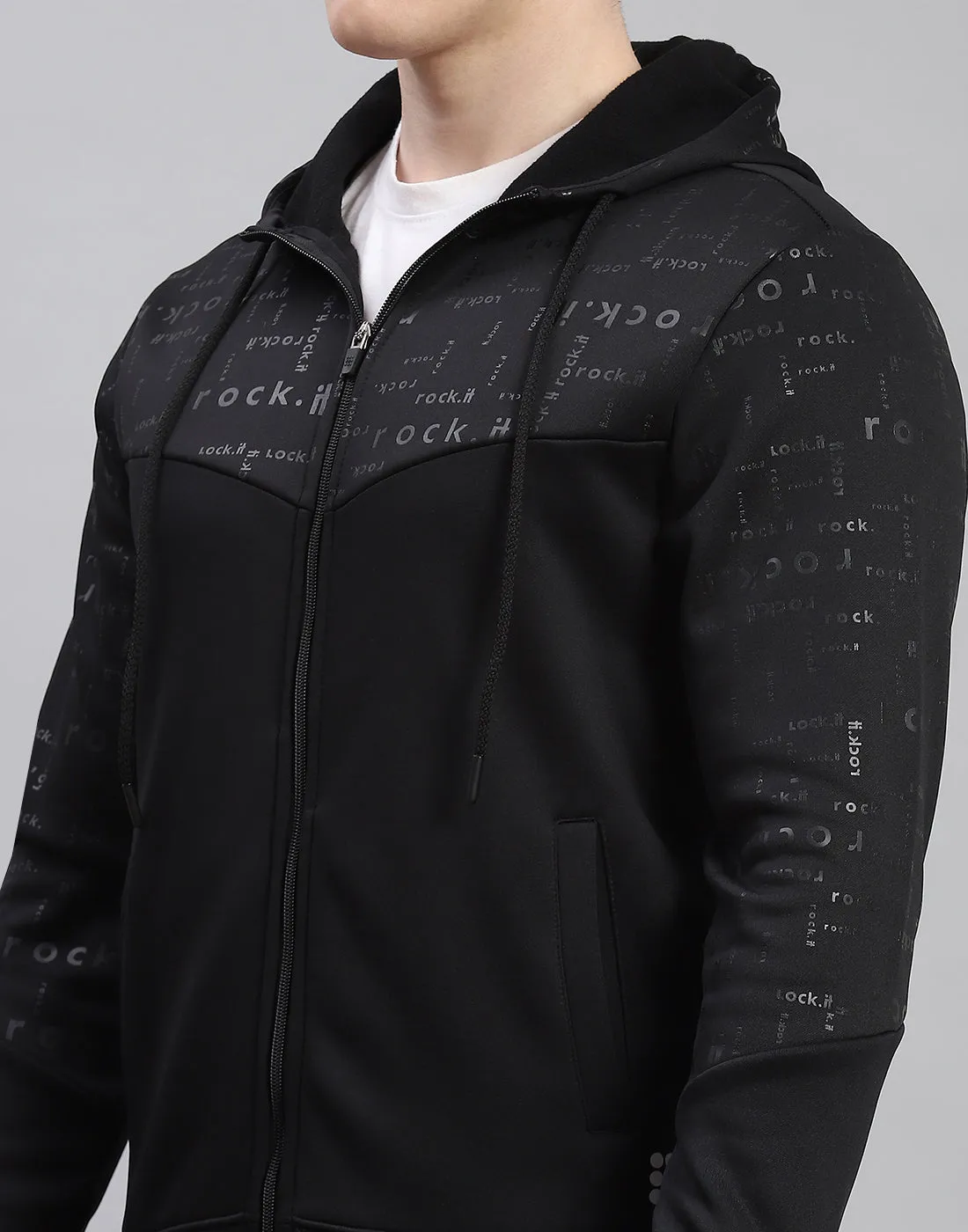 Men Black Printed Hooded Full Sleeve Tracksuit