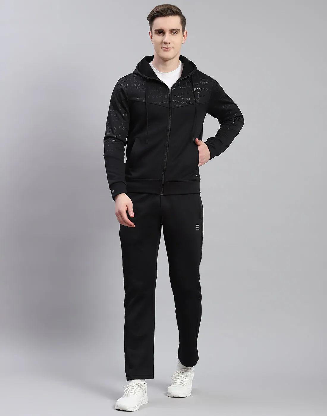 Men Black Printed Hooded Full Sleeve Tracksuit