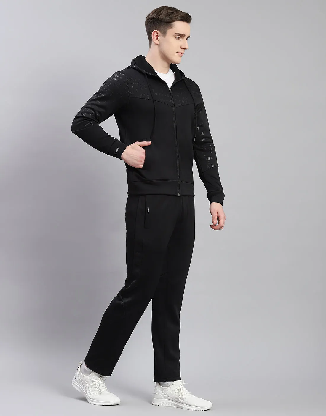 Men Black Printed Hooded Full Sleeve Tracksuit