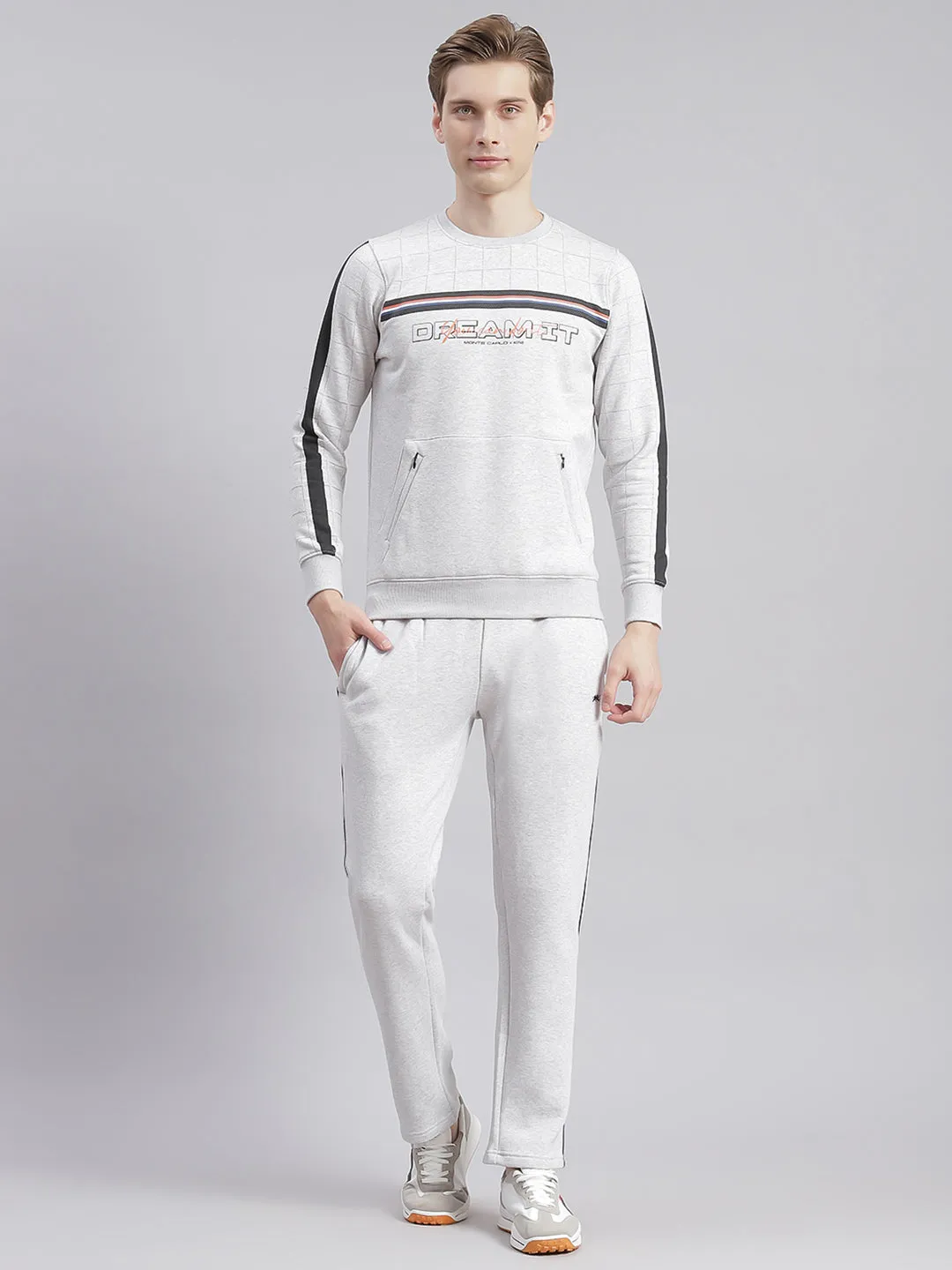 Men Grey Printed Round Neck Full Sleeve Tracksuits