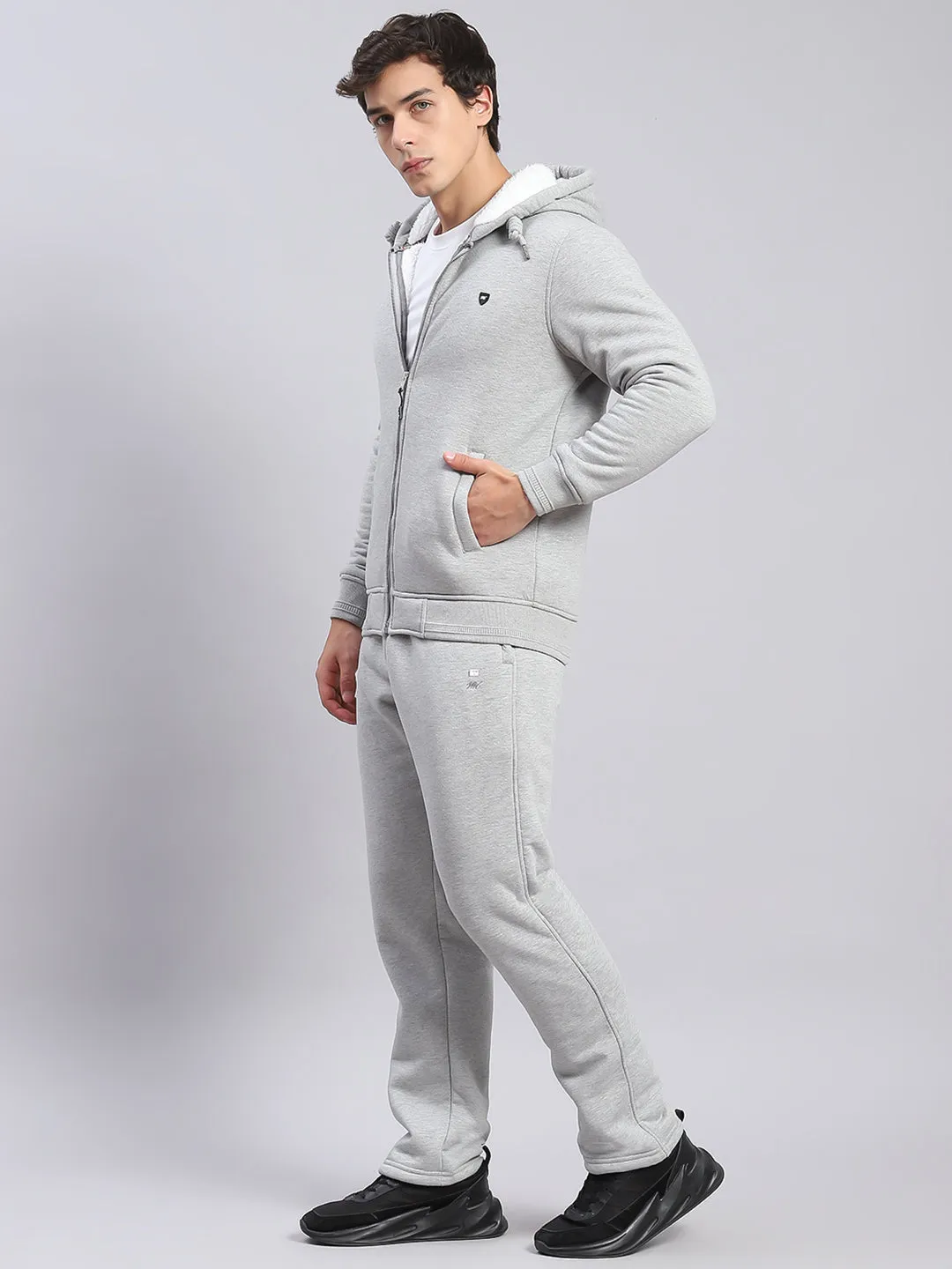 Men Grey Solid Hooded Full Sleeve Tracksuits