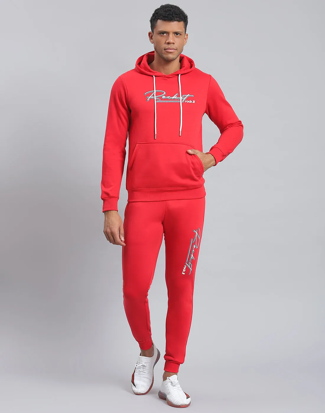 Men Red Solid Hooded Full Sleeve Tracksuit