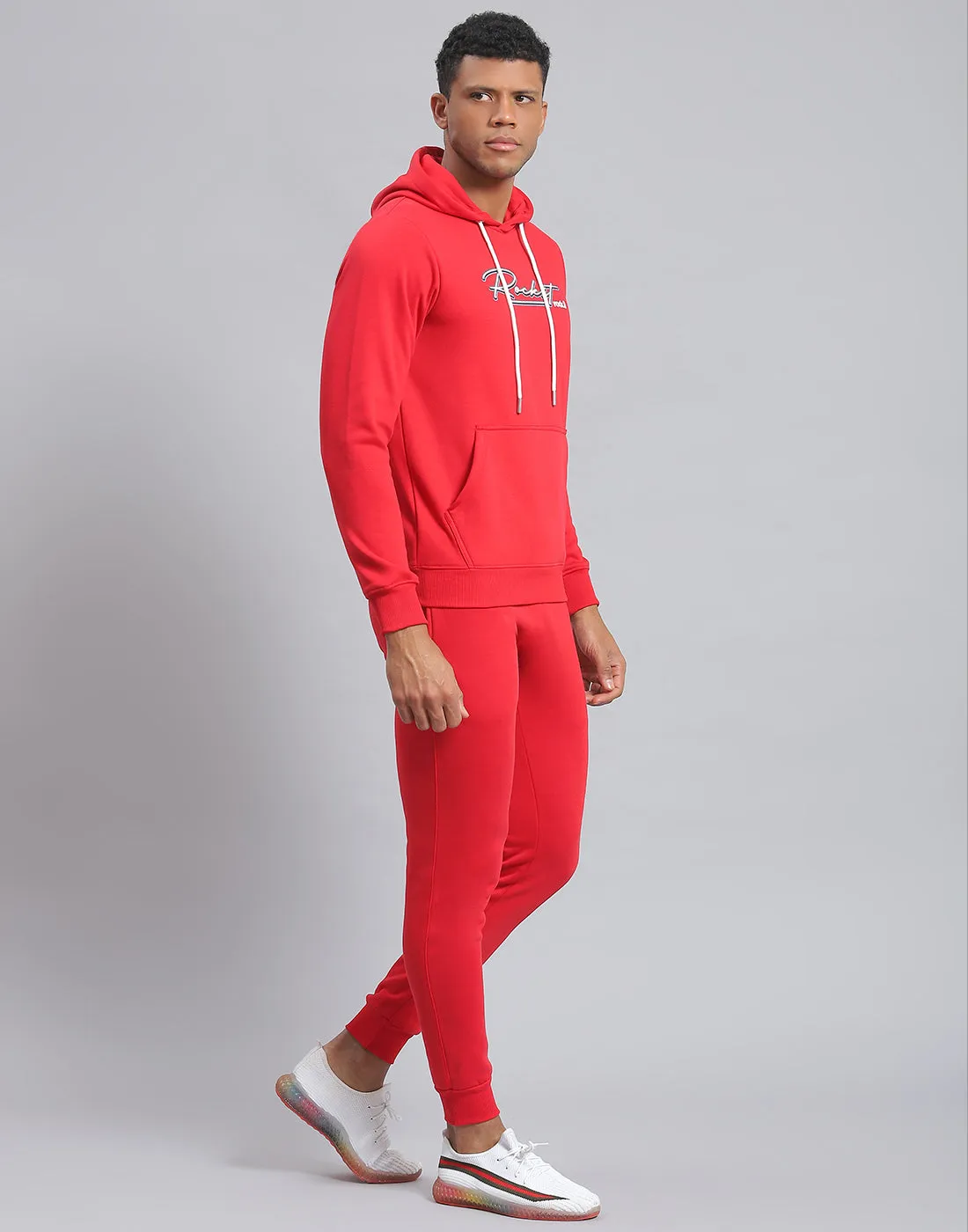 Men Red Solid Hooded Full Sleeve Tracksuit