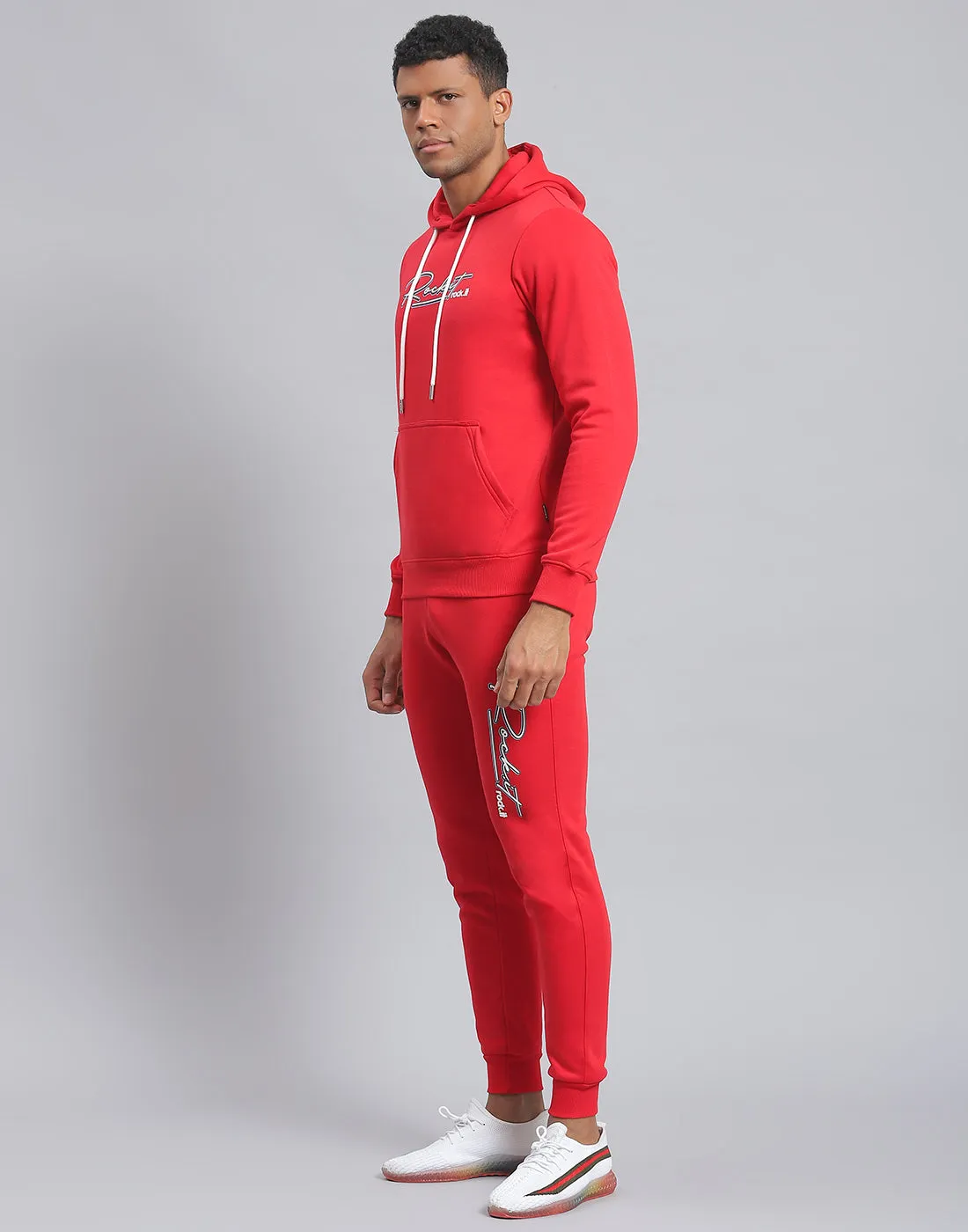 Men Red Solid Hooded Full Sleeve Tracksuit