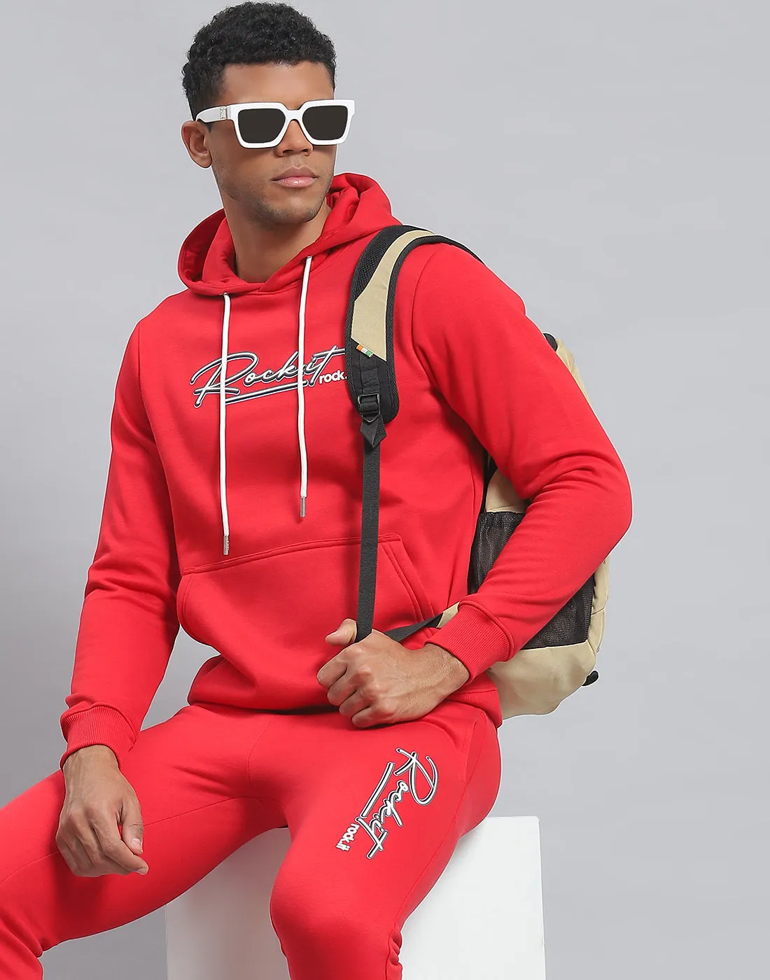 Men Red Solid Hooded Full Sleeve Tracksuit