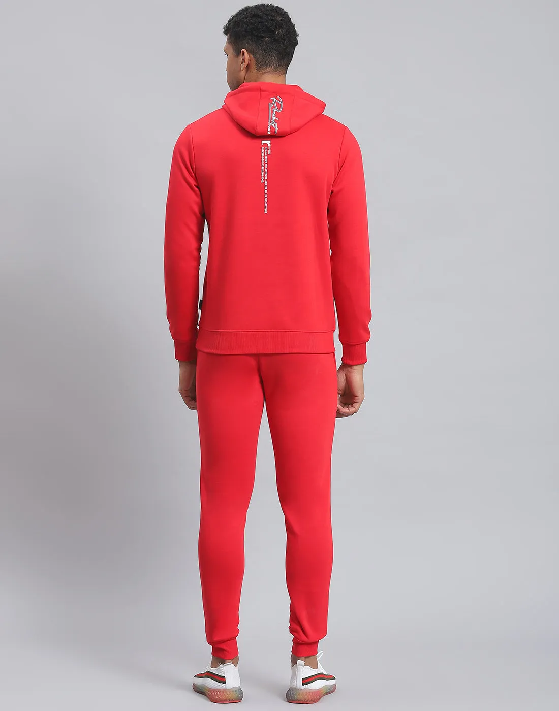 Men Red Solid Hooded Full Sleeve Tracksuit