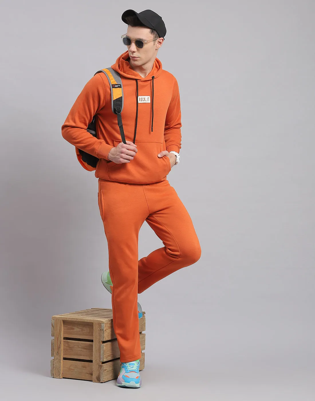 Men Rust Solid Hooded Full Sleeve Tracksuit