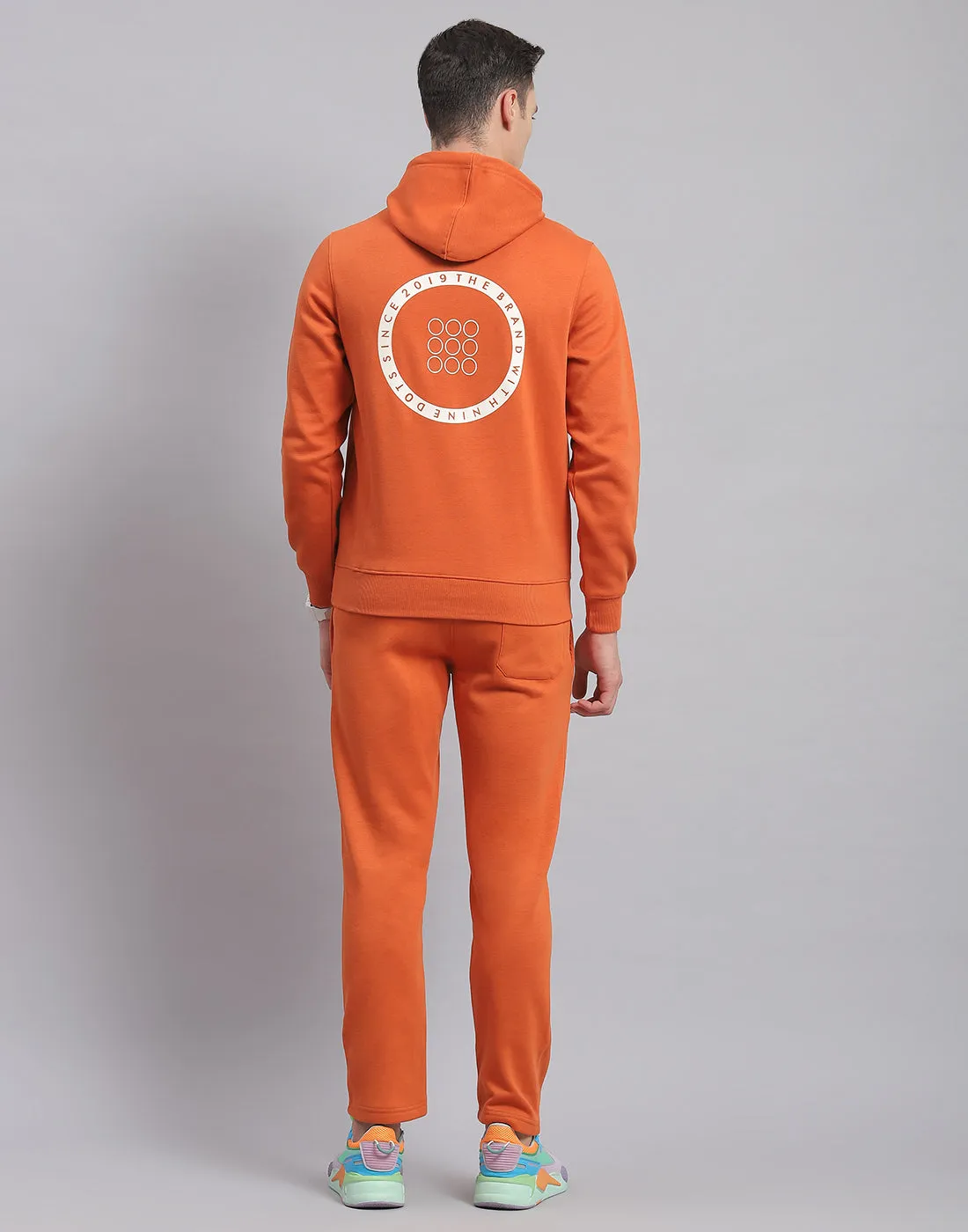 Men Rust Solid Hooded Full Sleeve Tracksuit