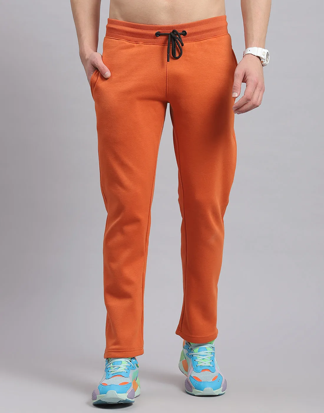 Men Rust Solid Hooded Full Sleeve Tracksuit