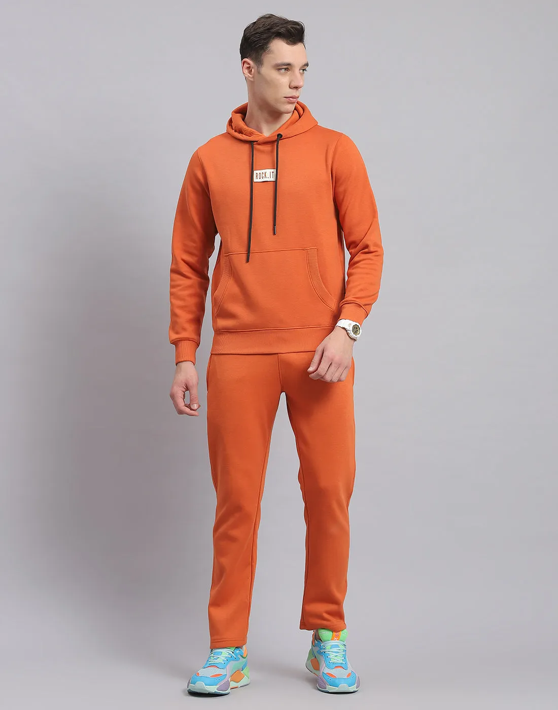 Men Rust Solid Hooded Full Sleeve Tracksuit