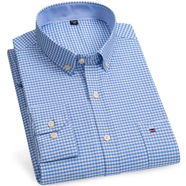 Men's 100% Cotton Long Sleeve Plaid Checkered Shirts Single Patch Pocket Standard-fit Button-down Striped Casual Oxford Shirt