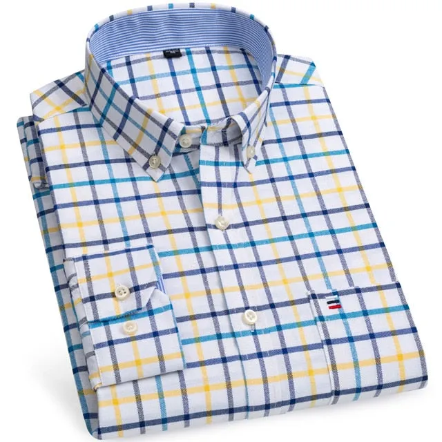 Men's 100% Cotton Long Sleeve Plaid Checkered Shirts Single Patch Pocket Standard-fit Button-down Striped Casual Oxford Shirt