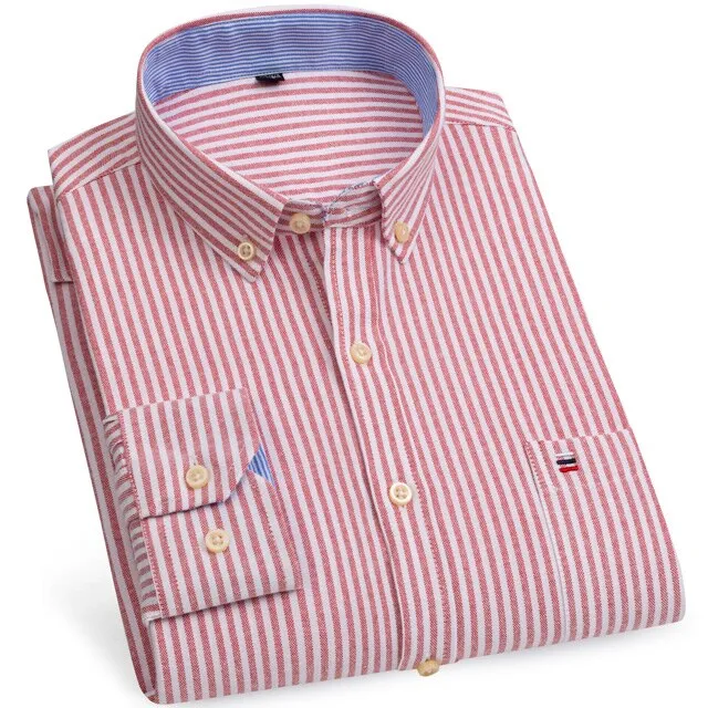 Men's 100% Cotton Long Sleeve Plaid Checkered Shirts Single Patch Pocket Standard-fit Button-down Striped Casual Oxford Shirt