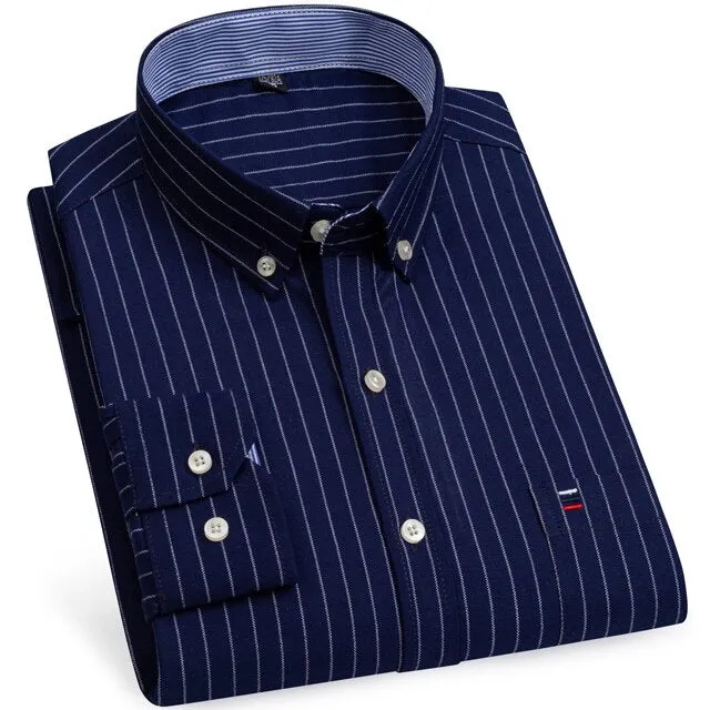 Men's 100% Cotton Long Sleeve Plaid Checkered Shirts Single Patch Pocket Standard-fit Button-down Striped Casual Oxford Shirt