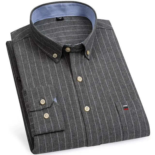 Men's 100% Cotton Long Sleeve Plaid Checkered Shirts Single Patch Pocket Standard-fit Button-down Striped Casual Oxford Shirt