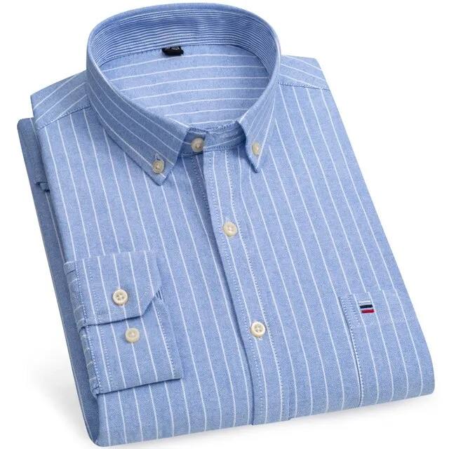 Men's 100% Cotton Long Sleeve Plaid Checkered Shirts Single Patch Pocket Standard-fit Button-down Striped Casual Oxford Shirt