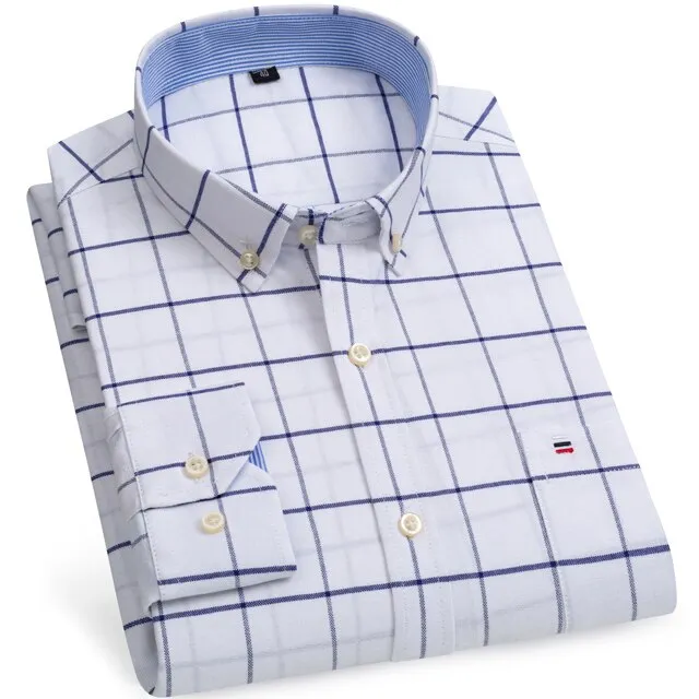 Men's 100% Cotton Long Sleeve Plaid Checkered Shirts Single Patch Pocket Standard-fit Button-down Striped Casual Oxford Shirt