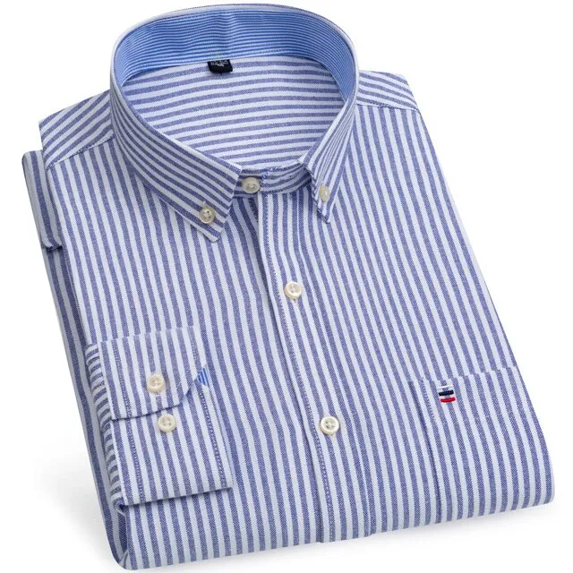 Men's 100% Cotton Long Sleeve Plaid Checkered Shirts Single Patch Pocket Standard-fit Button-down Striped Casual Oxford Shirt